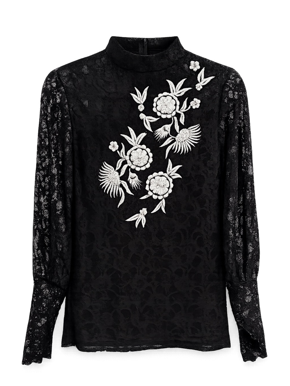 Topshop Black Lace Blouse with White Floral Appliqué